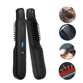 Sur fond blanc, un peigne électrique pour cheveux et barbe avec écran Lcd . Sur le coté, 4 ronds avec une barbe, un focus sur le peigne à barbe, le peigne dans les cheveux et le coté chauffant.