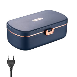 On voit une lunch box marine et dorée. Elle est électrique et chauffante grâce à sa prise secteur EU.