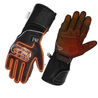 Gants de moto chauffants noir avec le passage de la chaleur en orange sur uin fond blanc