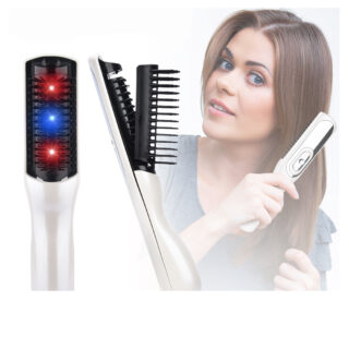 Peigne blanc de profil et de face avec lumière infrarouge et signal bleu avec en arrière plan en transparence une femme aux cheveux longs qui se peigne avec