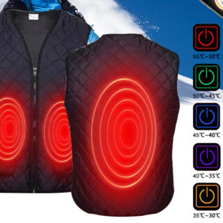 Gilet sans manche noir vu de face et de dos avec les zones chauffantes sur fond blanc et bleu. On voit également les boutons.