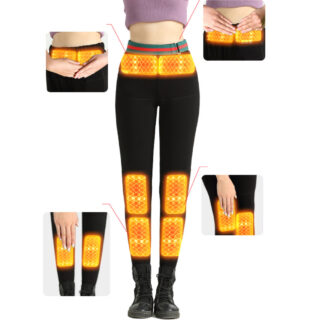 Femme portant un pantalon noir avec zones de chauffage sur fond blanc. On voit également des vignettes qui montrent les zones de chauffe.