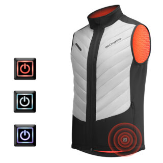 Gilet chauffant gris et noir sur fond blanc, on voit également les boutons.