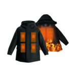 manteau chauffant pour homme de couleur noir avec les zones de chaleurs présentes sur le manteau