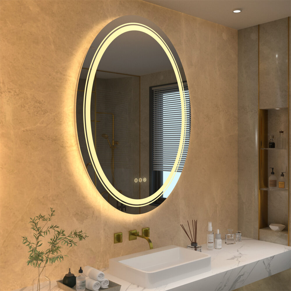 Miroir rond avec éclairage sur un mur blanc au-dessus d'un lavabo blanc