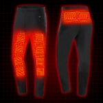 Pantalon chauffant noir avec 10 zones de chauffe sur fond noir.