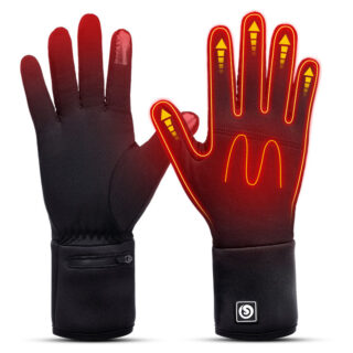 Gants noirs avec passage en rouge du chauffage sur un fond blanc