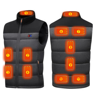 Gilet chauffant noir et gris sur fond blanc. On le voit de face et de dos.
