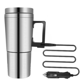 Sur fond blanc, on voit un mug chauffant gris en inox avec une prise allume-cigare. Il a une poignée noire.