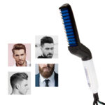 4 photos d'homme avec cheveux et barbes coiffées avec un peigne chauffant noir et bleu et un manche blanc a côté