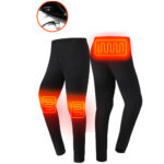 Pantalon noir avec zones de chauffage vu de face et de dos sur fond blanc. On voit également sur une vignette le port USB.