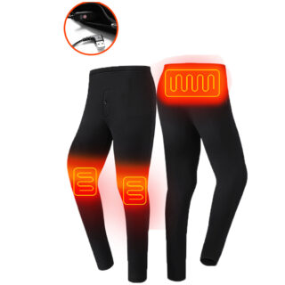 Pantalon noir avec zones de chauffage vu de face et de dos sur fond blanc. On voit également sur une vignette le port USB.