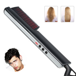 Sur fond blanc , un peigne infrarouge avec écran LCD avec température en rouge. En haut de l'image, une femme de dos avec les cheveux ondulés et la même photo après lissage. En bas à gauche, la photo d'un homme avec cheveux bruns bien coiffés