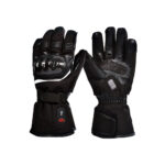 Gants noir de moto chauffant un gant de dos, un gant de face sur fond blanc