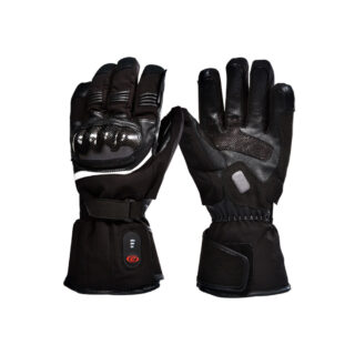 Gants noir de moto chauffant un gant de dos, un gant de face sur fond blanc