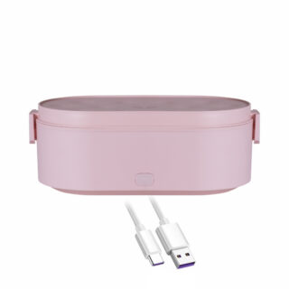 Sur fond blanc, on voit un tupperware rose chauffant grâce à une prise USB.