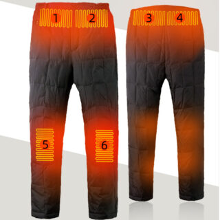 Pantalon noir avec zones de chauffage sur fond blanc et gris.