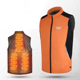 Gilet sans manche orange vu de l'extérieur. On voit également l'intérieur du gilet avec les zones de chauffage.