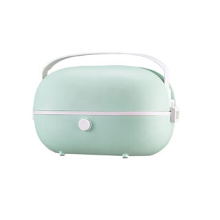 Sur fond blanc, on voit un Tupperware chauffant bleu ciel, avec le design d'une radio vintage.