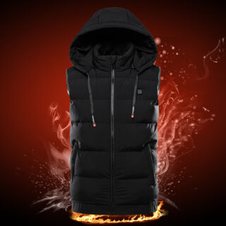 Gilet chauffant noir sur fond rouge sombre.