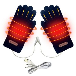 Gants chauffants noirs avec zone de chauffage et câble sur fond blanc.
