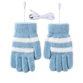 Gants chauffants bleus avec rayures blanches sur fond blanc.