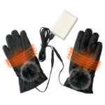 Gants chauffants noir avec batterie blanche sur fond blanc.