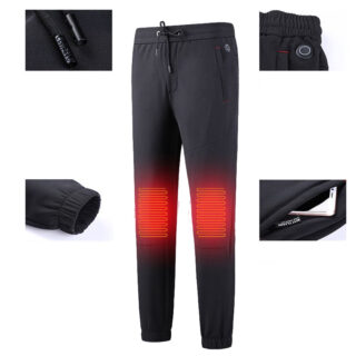Pantalon noir chauffant au niveau des genoux sur fond blanc. On voit également des détails en vignette.