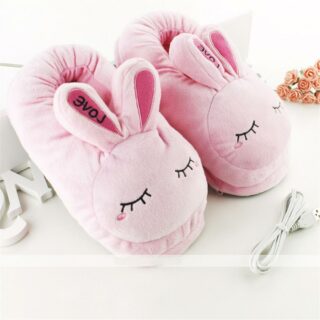 Chaussons chauffants électrique en forme de petits lapins roses