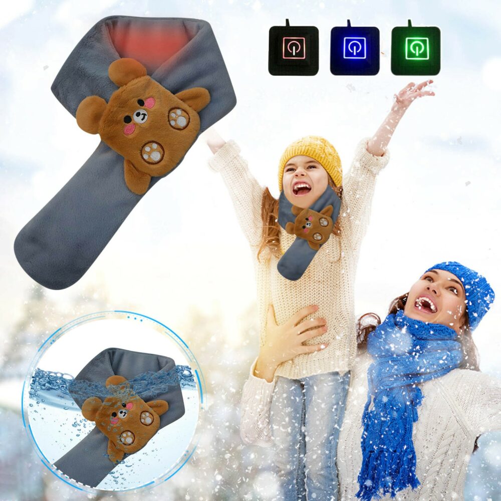 femme qui porte son enfant dans les bras dans la neige, elles porte le tour de cou chauffant