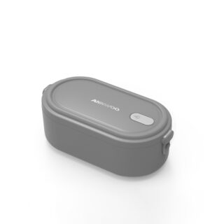 Sur fond blanc, on voit un tupperware style bento gris.