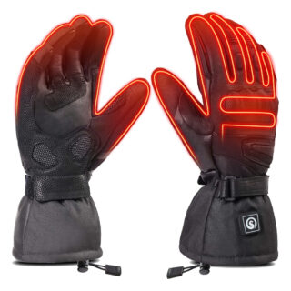 Deux gants noir chauffants de moto face à face sur fonds blanc