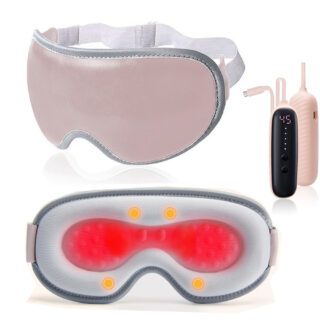 Sur fond blanc, un masque pour les yeux recto en rose et verso avec lumière infrarouge et points de massage. Il ya une manette de commande rose avec fil et écran noir sur le coté