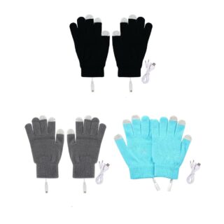 3 paires de gants chauffants avec prise USB, une noire, une bleue, une grise, sur fond blanc