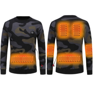Photo d'un pull chauffant imprimé camouflage, vu de face et de dos