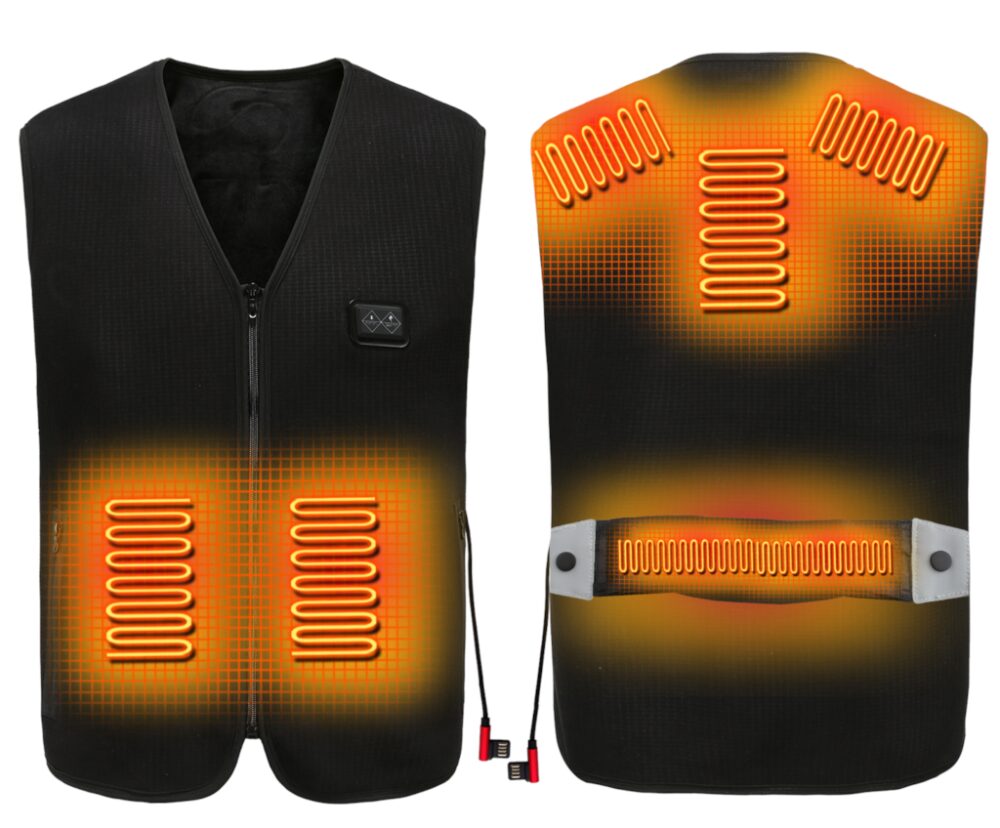 Gilet sans manche chauffant vu de dos et de face sur fond blanc.