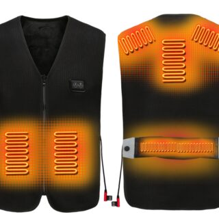 Gilet sans manche chauffant vu de dos et de face sur fond blanc.