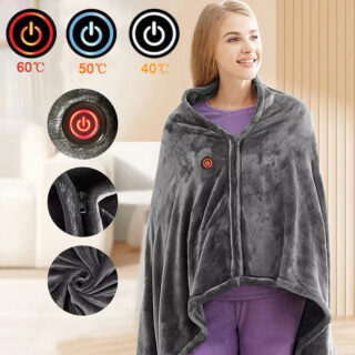 Photo d'une femme portant un poncho en peluche gris à fermeture éclair avec des logos indiquant les températures et les détails du produits.