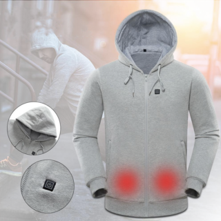 Photo d'un sweat-shirt à capuche zipppé avec des point rouge représentant de la chaleur sur les poches; des rond montrant des détails du pull chauffant, sur un fond où l'on voit un homme à vélo porter ce sweat chauffant.
