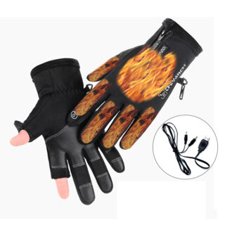 Paire de gants et mitaines chauffantes électrique présentée recto et verso avec flammes sur les doigts et le dessus avec un câble USB en dessous