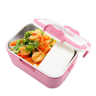 On voit un tupperware chauffant rose avec un repas à l'intérieur.