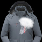 blouson chauffant gris avec batterie intégrée sur un fond noir