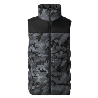 Gilet noir camouflage avec col montant sur fond blanc.