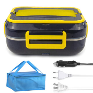 On voit un bento chauffant gris et noir avec son sac isotherme de transport et ses multiples prises. Il est présenté sur fond noir.