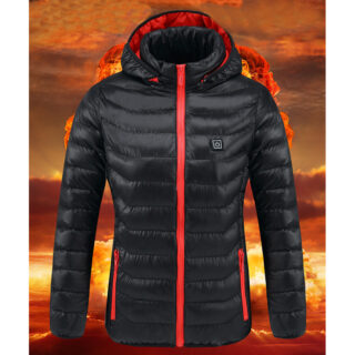 blouson chauffant noir et rouge avec batterie sur un fond rouge