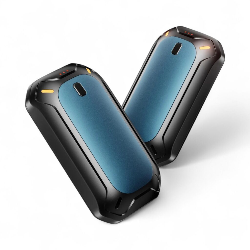 Chauffe-main électronique rechargeable pour l'hiver, magnétique, à utiliser ensemble ou séparément, de couleur bleue sur fond uni blanc.