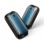 Chauffe-main électronique rechargeable pour l'hiver, magnétique, à utiliser ensemble ou séparément, de couleur bleue sur fond uni blanc.