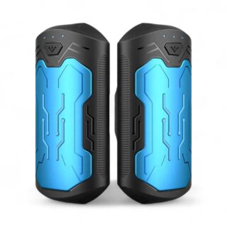 Chauffe-main puissant bi-module rechargeable noir et bleu, rectangulaire sur fond uni blanc.