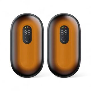 Chauffe-main rechargeable et magnétique présenté par lot de 2, de couleur orange afin de simuler la chaleur qui émane de ces deux accessoires, avec écran LED affichant l'état de charge de la batterie et le niveau de chaleur, le tout sur fond blanc uni.